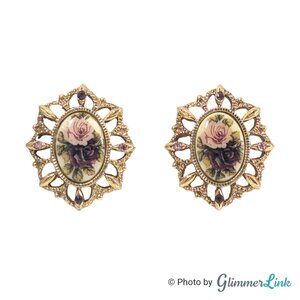 Vintage 1928 Company Victorian Style Porcelain Rose Gold Tone Clip On Earrings